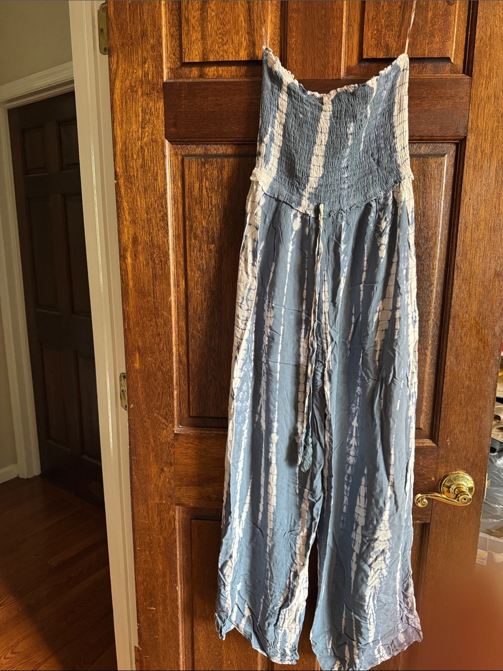 NWT- Blue Tie-Dye Smocked Strapless Jumpsuit